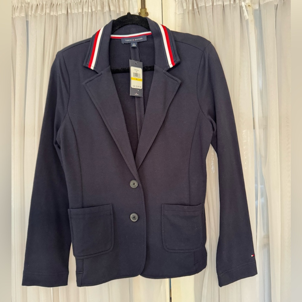 Tommy Hilfiger Women's Dark Blue Blazer with Red and White Accents